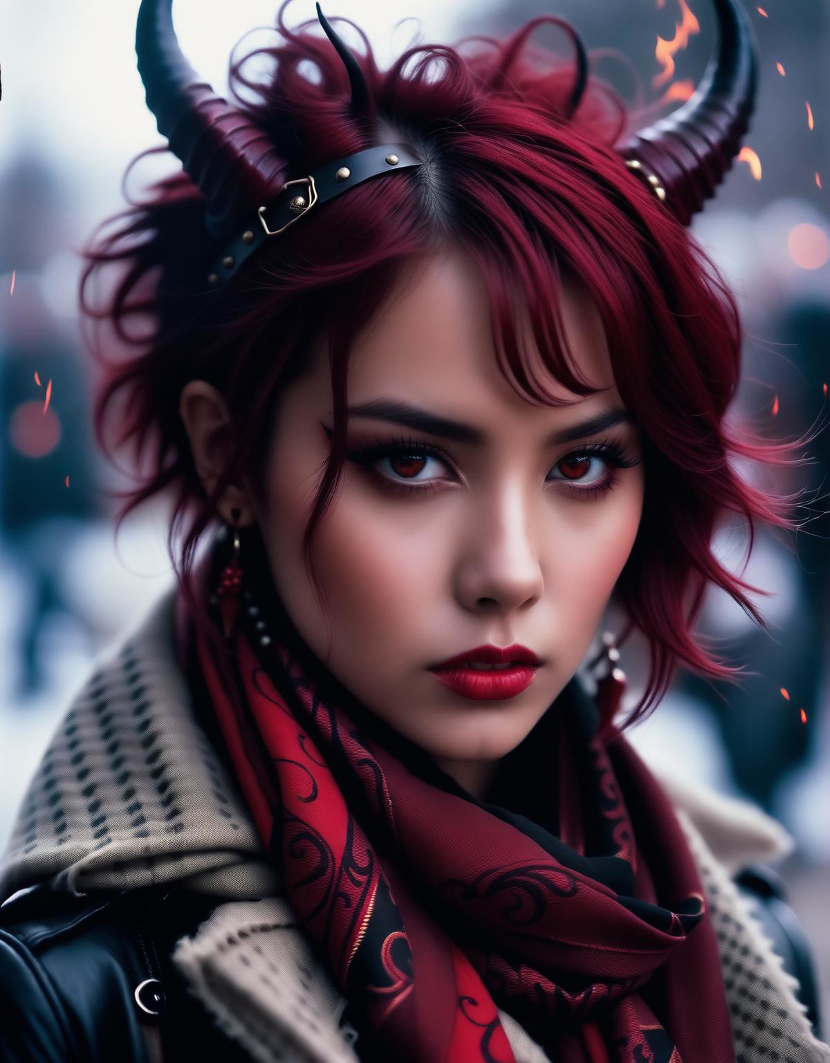 photograph, punk young_female_demon, red skin tone, (VAE batch), dark eyesLight hair styled as Wavy, Horns, Scarf, Lonely,...